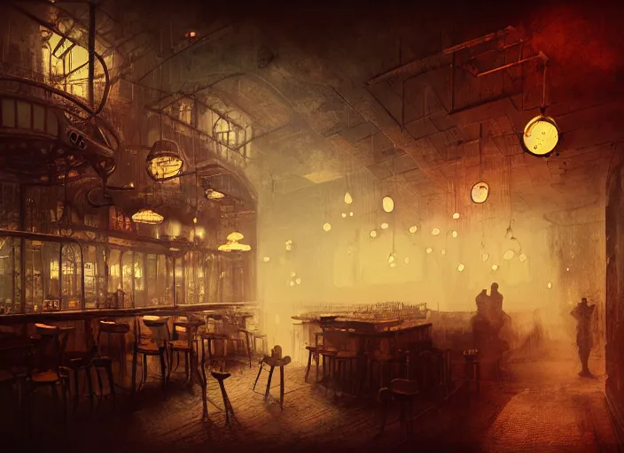 Image similar to illustrated steampunk cafe interior, colorful, mads berg, karolis strautniekas, christopher balaskas, stippled light, low fog, moody, fine texture, editorial illustration, dramatic lighting, dynamic composition, detailed, matte print, muted color, ( ( victo ngai ) ), wide angle