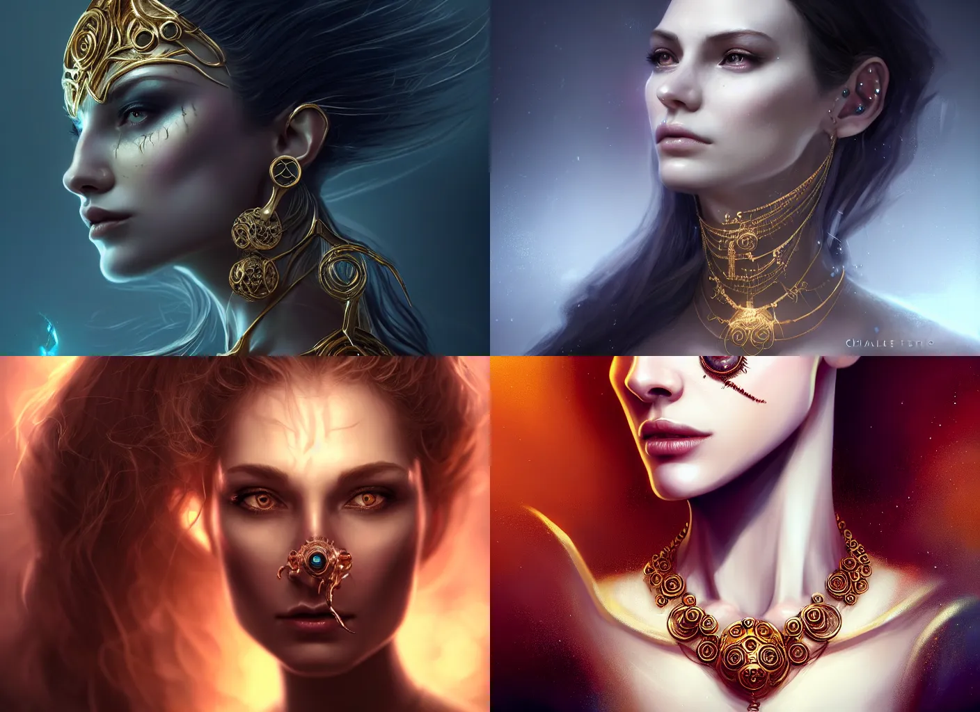 Prompt: realistic character concept, creature fantastic of jupyter with lots of jewelry in the face, elegant pose, scifi, illustration, slender symmetrical face and body, artstation, cinematic lighting, hyperdetailed, 8 k, charlie bowater, thomas robson, insanely detailed and intricate, elegant, dark fractal background, vfx, art deco, postprocessing