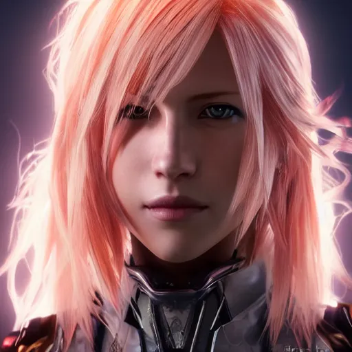 Image similar to a head and shoulders portrait of Lightning Farron from Final Fantasy XIII, neon, retro, smooth, sharp focus, intricate, artstation, detailed concept art by Rutkowski and Mucha and sky sewa and Marc Simonetti