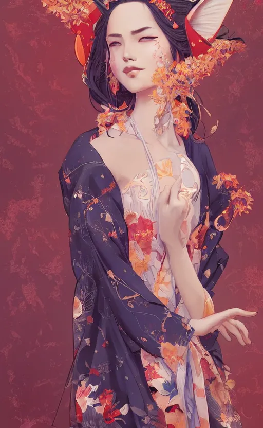 Prompt: An beautiful digital painting of a woman with fox ears and nine tails wearing a kimono, by Stanley Artgerm Lau, WLOP, Rossdraws, James Jean, Andrei Riabovitchev, and Marc Simonetti, trending on artstation