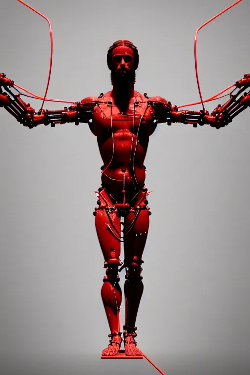 Prompt: a statue jesus on cross made of red marble with wires, tubes, veins, perfect symmetrical body, full body shot, inflateble shapes, white biomechanicaldetails, wearing epic bionic cyborg implants, masterpiece, intricate, biopunk, vogue, highly detailed, artstation, concept art, cyberpunk, octane render