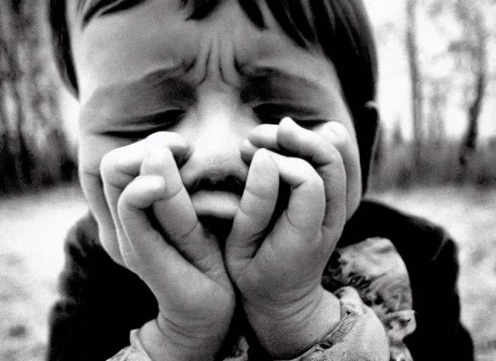 Image similar to high resolution black and white portrait with 8 0 mm f / 1 2 lens of children in chernobyl with eyes closed in grief in 1 9 8 9.