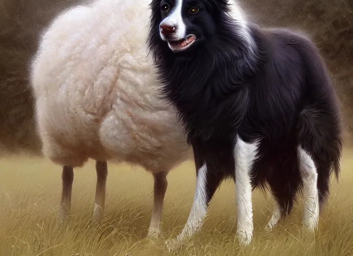 Image similar to wide shot painting of a border collie kissing a sheep in a pasture, beautiful, intricate, elegant, realistic proportions, highly detailed, scenic background, trending on artstation, art by charlie bowater and henry asencio and and ross tran