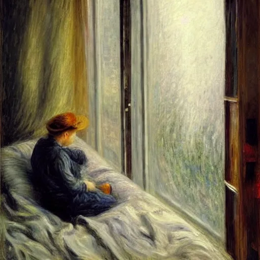 Image similar to on a rainy day, someone in home sits in bed, curled up under the covers, watching the rain outside the window, cinematic, artstation, extremely detailed, intricate, cinematic lighting, art by pierre - auguste renoir, gustave caillebotte