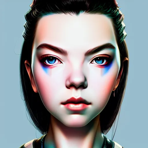Prompt: closeup front orthographic portrait of anya taylor joy seductive cyberpunk, japanese style, high detail, soft studio lighting, full frontal lighting, digital photography, hyper realistic style, style of masamune shirow