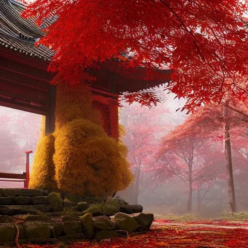 Image similar to cozy tang dynasty shrine in a maple forest during autum, red leaves, senpou temple from sekiro, award winning fantasy concept art, high octane render, 8k resolution, high definition