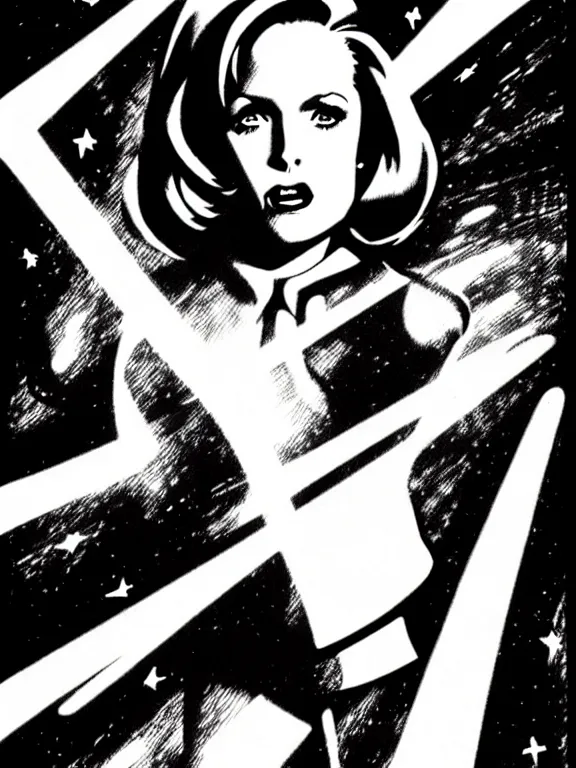 Image similar to dana scully illustrated by jack kirby, floating, hand outstretched, energy effects, power cosmic, poster, pen - and - ink illustration, kirby inks