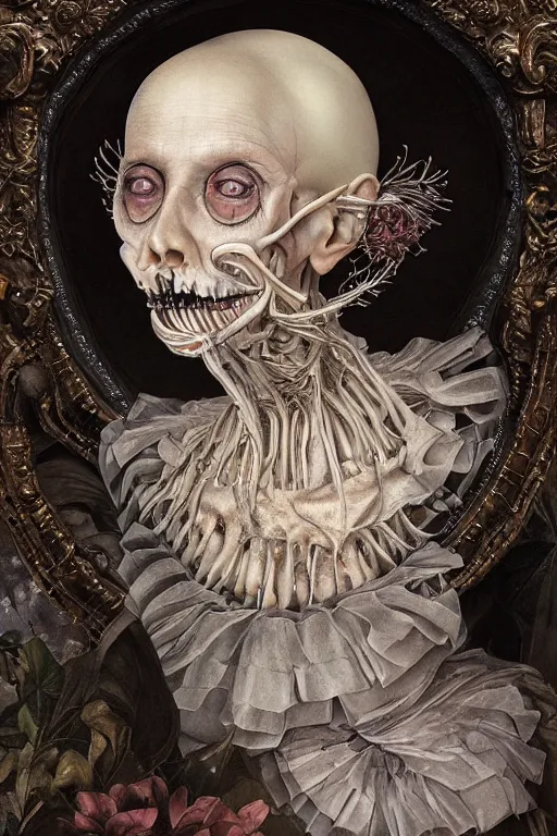 Image similar to Detailed maximalist portrait of a beautiful old woman with large lips and eyes, scared expression, botanical skeletal with extra flesh, HD mixed media, 3D collage, highly detailed and intricate, surreal illustration in the style of Caravaggio, dark art, baroque, centred in image