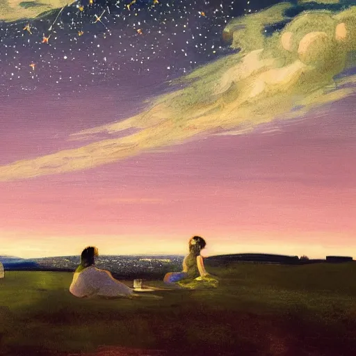 Image similar to A beautiful painting featuring a night sky filled with stars, and a small town in the distance. The painting is very peaceful and calming Pexels, Baker-Miller pink, retrowave by Magnus Enckell, by John Lavery wondrous, Trending on artstation