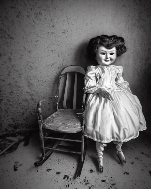 Prompt: portrait of a creepy smiling antique porcelain doll with white eyes wearing a dirty dress with long wet black hair sitting in a rocking chair next to a child’s bed in a dimly lit filthy room in an abandoned old asylum at night, 8k octane render, cinematic, dramatic lighting, volumetric lighting, Craig Mullins, Duane Hanson , Richard Estes, Arney Fretag, vintage photo, 1890