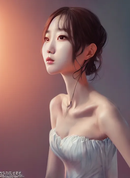 Prompt: beautiful fashion korean girl group, strapless dress, character portrait in the style of thomas river and artgerm, wlop, cinematic lighting, hyperdetailed, 8 k realistic, symmetrical, global illumination, radiant light, halo, love and mercy, frostbite 3 engine, cryengine, dof, trending on artstation, digital art, chanel