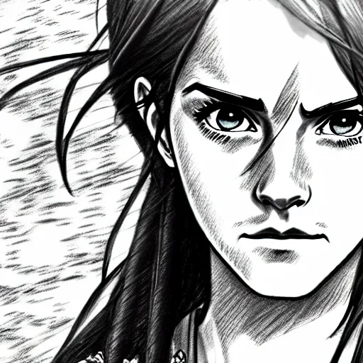 Image similar to a very detailed pencil drawing of emma watson in demon slayer manga panel 4 k, high resolution, still, landscape, hd, full body, action, sword, hyper realistic, manga, koyoharu gotouge,