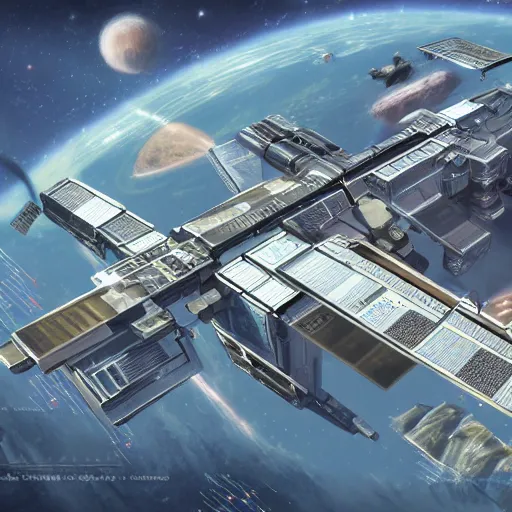 Image similar to isometric view of a science fiction space station in space, star wars space ship, concept art, digital art