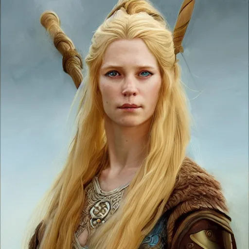 Image similar to an portrait of female viking with long blonde hair, highly detailed, centered, digital painting, artstation, concept art, donato giancola, Joseph Christian Leyendecker, WLOP, Boris Vallejo, Breathtaking