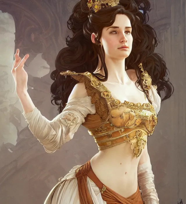 Image similar to portrait of a full body of young beautiful female princess, d & d, baroque dress, elegant, flat lighting, intricate, highly detailed, digital painting, artstation, concept art, smooth, sharp focus, illustration, art by simon bisley and greg rutkowski and alphonse mucha, natural tpose