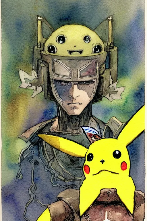 Image similar to a simple and atmospheric watercolour fantasy character concept art portrait of a mechanized android pikachu as a druidic warrior wizard looking at the camera with an intelligent gaze, very muted colors, by rebecca guay, michael kaluta, charles vess and jean moebius giraud