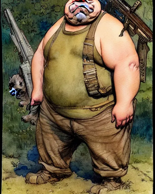 Image similar to a realistic and atmospheric watercolour fantasy character concept art portrait of a fat adorable dirty chibi bulldog wearing a wife beater and holding a rifle, by rebecca guay, michael kaluta, charles vess and jean moebius giraud