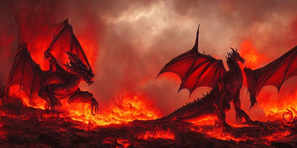 Prompt: a dragon born on the flames, post - war scenery, red - toned mist, epic environment, skeletons, ultra wide angle, 8 k, ultra _ realistic, art by nills ham and alan lee