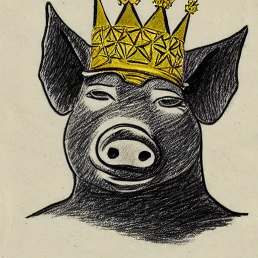 Image similar to al capp drawing of a pig wearing a gold crown