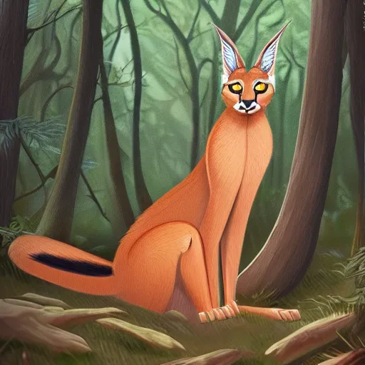 Prompt: photo of a cate caracal in the woods ilustration, concept art, sharp focus, ArtStation