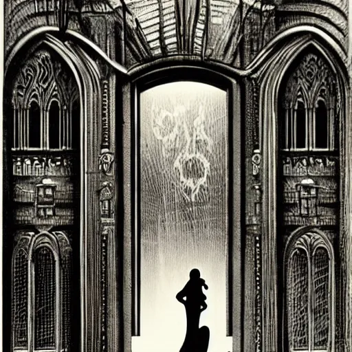 Image similar to Ripley and cat Jonesy moving apartment New York City 1983, gothic building entrance way art Deco H.R. Giger, cinematic feel, high octane