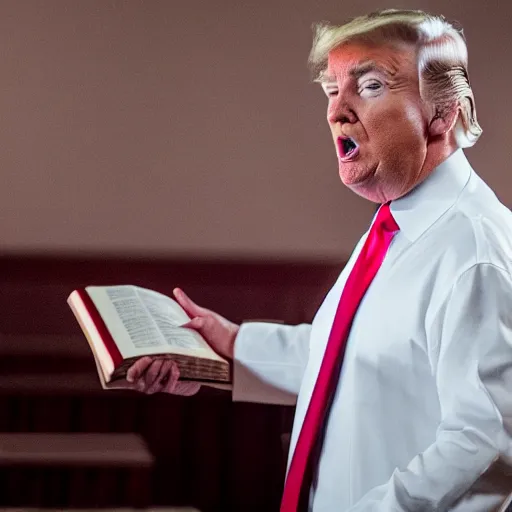 Image similar to Cinematic still of Donald Trump holding a Bible, speaking in a Baptist church in rural Alabama