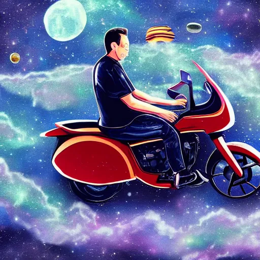 Prompt: elon musk riding motorcycle in space, digital art