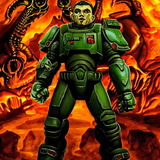 Image similar to doomguy standing on top of all the demons he has killed throughout the years, posing for the camera, very detailed piece of art,