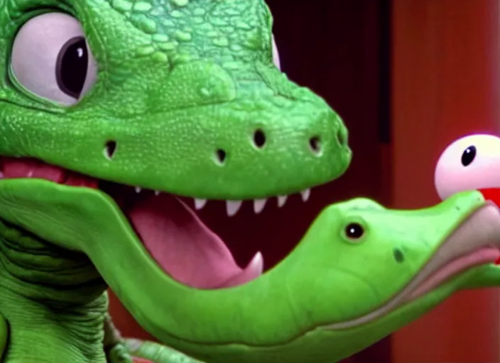 Image similar to film still of yoshi in the new sci - fi movie, cute upright dinosaur with a small turtle shell and long tongue, 8 k