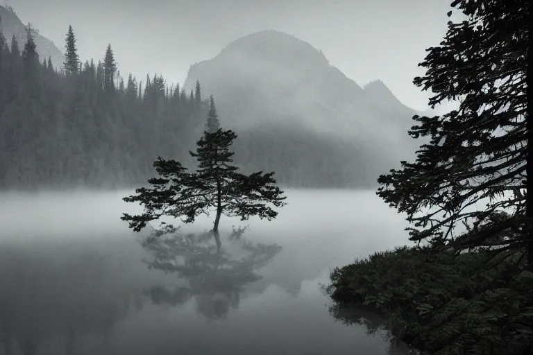 Prompt: a lake with mountains and a foggy forest in the background, moody, dark, cinematic, dynamic lighting, trending on artstation