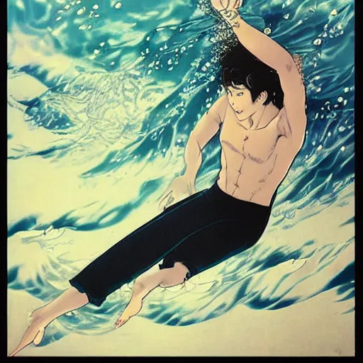 Prompt: underwater selfie from a brown haired male lifeguard. Kuvshinov ilya. Takato Yamamoto