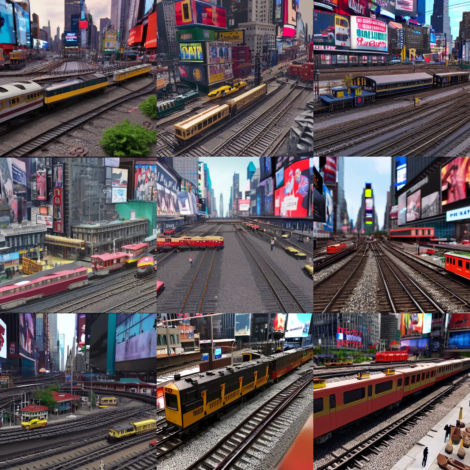 Prompt: model train set in times square, ray traced, cgi, 3 d, octane render, rtx, nvidia