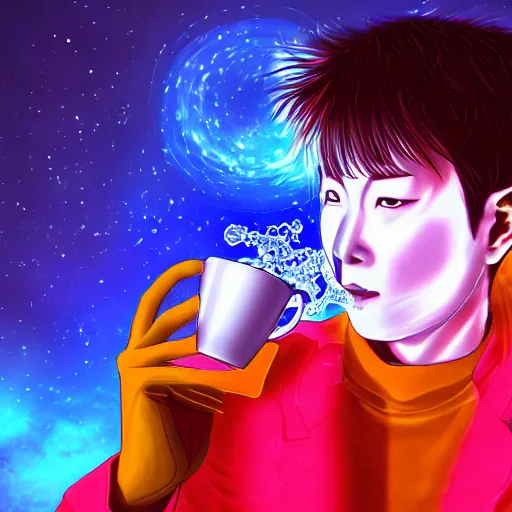 Image similar to A man drinking a cup of cosmic energy bright light by Masafumi Harada, 4k, digital art, surreal, anime style, Park Sung-woo Red Ice style