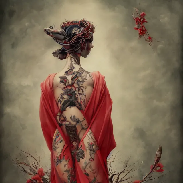 Image similar to ultra realistic illustration, beautiful ethereal woman dressed in red kimono, backview, tattoos, in the style of peter mohrbacher by weta digital and beth cavener, high face symmetry, intricate, masterpiece, award winning, high face symmetry, intricate