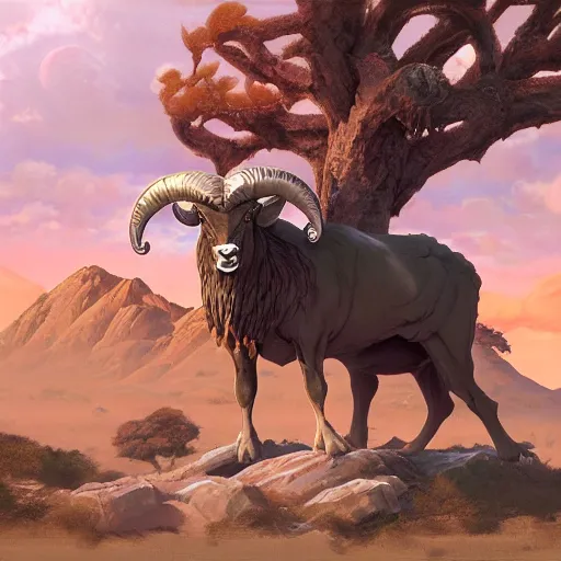 Prompt: ram caught with its horn in a bush. Desert mountain background. Sunrise. digital painting, by Frank Frazetta and Yusuke Murata, concept art, highly detailed, promotional art, HD, digital painting, trending on ArtStation, golden ratio, rule of thirds