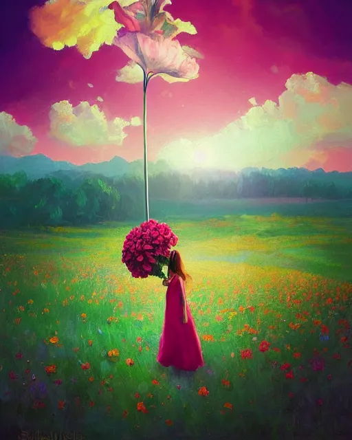 Image similar to girl with a giant carnation head, surreal photography, flower field, sunset dramatic light, impressionist painting, colorful clouds, blue sky, digital painting, artstation, simon stalenhag