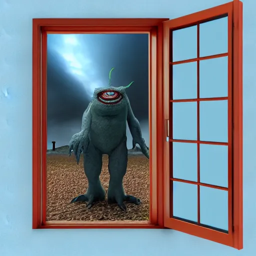 Image similar to photography, 3 d render, monster, window