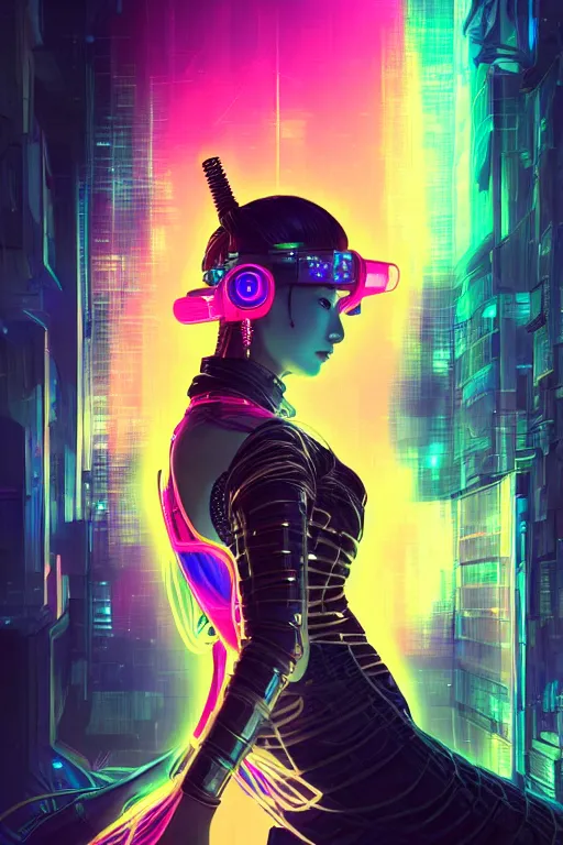 Image similar to portrait futuristic dreaming cyberpunk female samurai, in futuristic fire sparkles and firefly tokyo rooftop cyberpunk night, ssci-fi, fantasy, intricate, very very beautiful, elegant, neon light, highly detailed, digital painting, artstation, concept art, soft light, hdri, smooth, sharp focus, illustration, art by tian zi and craig mullins and WLOP and alphonse mucha