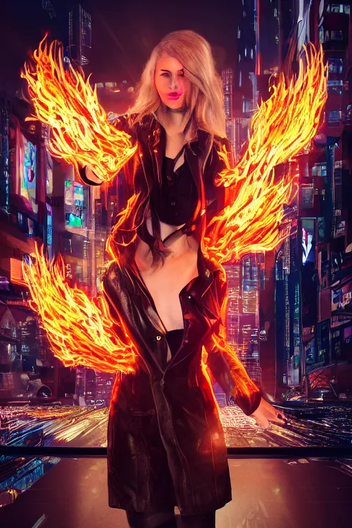 Image similar to young blonde woman with flames dancing on her hands with a long jacket in a cyberpunk city, detailed and realistic face, detailed and realistic hands, realistic, high definition, 4 k, shimmering color, epic digital art