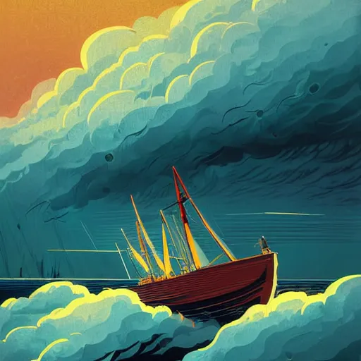 Prompt: huge ancient massive wooden curved hulled boat on huge stormy turbulent waves seas dark clouds and rain, limited neutral palette, by pascal campion, petros afshar, anton fadeev, dean ellis, randolph stanley hewton, beautiful graphic, propaganda poster art 1 9 7 0 s illustrated advertising art, painterly design