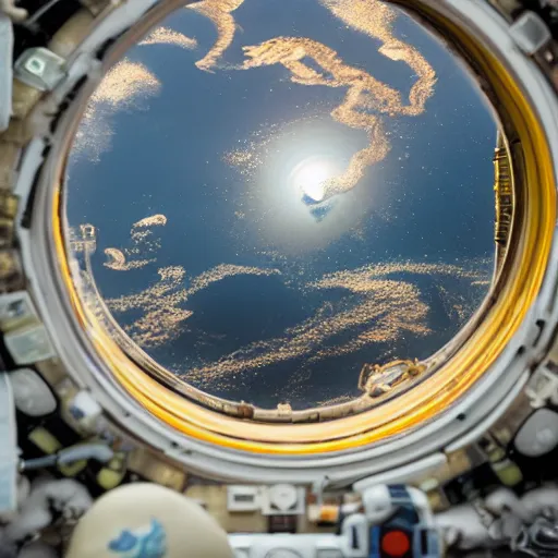 Image similar to stunning photo of a kraken seen outside the window of the ISS, beautiful ambient light, golden hour, 85mm f1.8