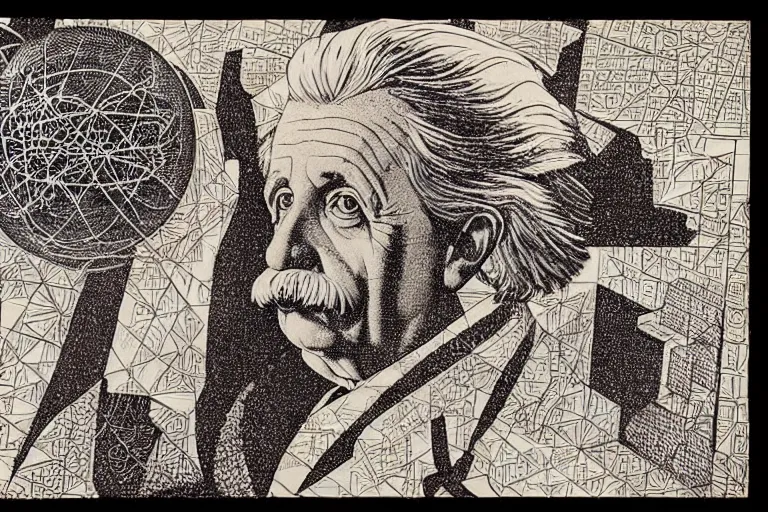 Image similar to an engraved portrait of albert einstein surrounded by intricate equations of theory of relativity, detailed!!! copper - plate engraving in the style of a postage stamp, freemason symbol, fine!!! lines, engraved by m. c. escher