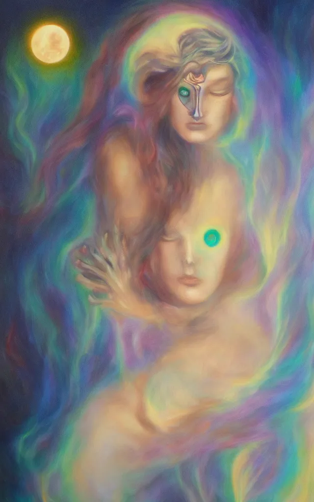 Image similar to iridescent spirit of desire and fear cruel beautiful spirit (androgynous) with golden eyes lunar mythos ambient fog, award winning oil painting, lunar color palette