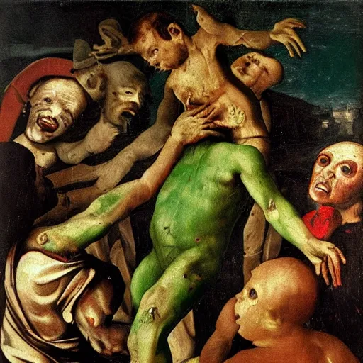 Image similar to stinky little man with green skin, sharp teeth, and many open wounds, renaissance painting