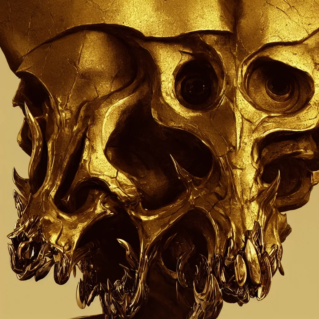 Image similar to Photorealistic epic egyptian god face close-up portrait ram skull, jackal skull, gold. ominous, ancient magic, intricate artwork by Tooth Wu and wlop and beeple and ryohei hase. octane render, trending on artstation, greg rutkowski very coherent symmetrical artwork. cinematic, hyper realism, high detail, octane render, 8k