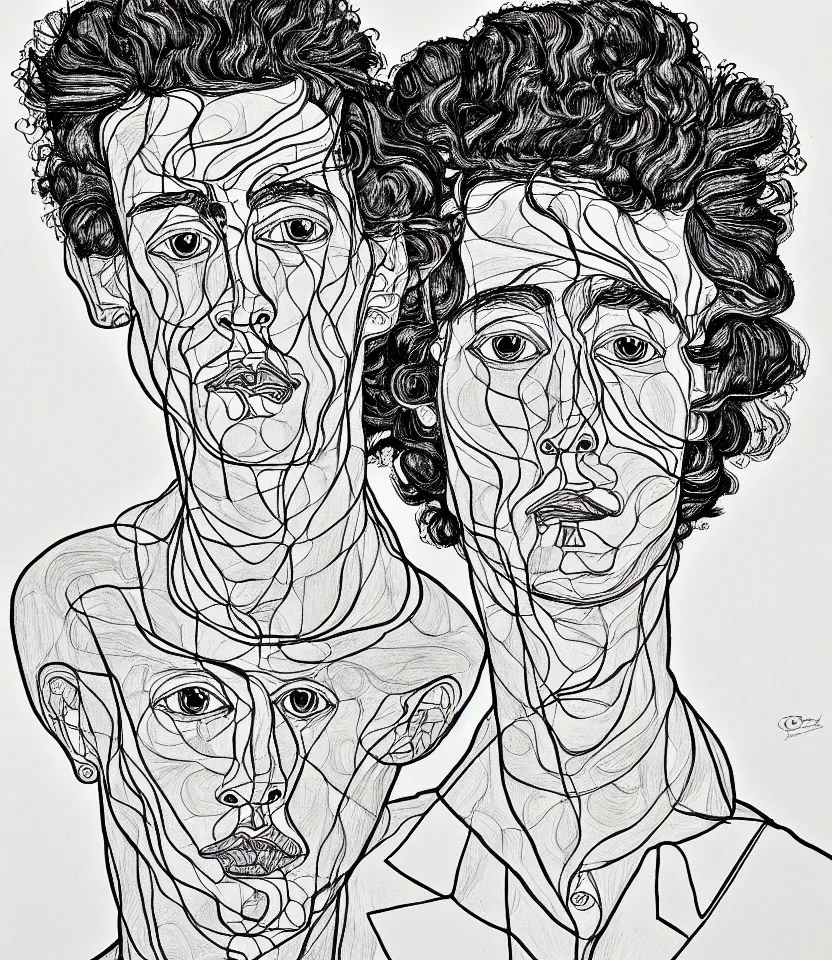 Prompt: detailed line art portrait of paul gaughin, inspired by egon schiele. caricatural, minimalist, bold contour lines, musicality, soft twirls curls and curves, confident personality, raw emotion