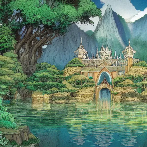 Prompt: rivendell by Studio Ghibli