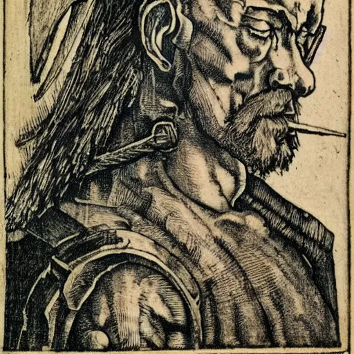 Image similar to albrecht durer woodcut portrait of a tattooed warrior celt man on a field