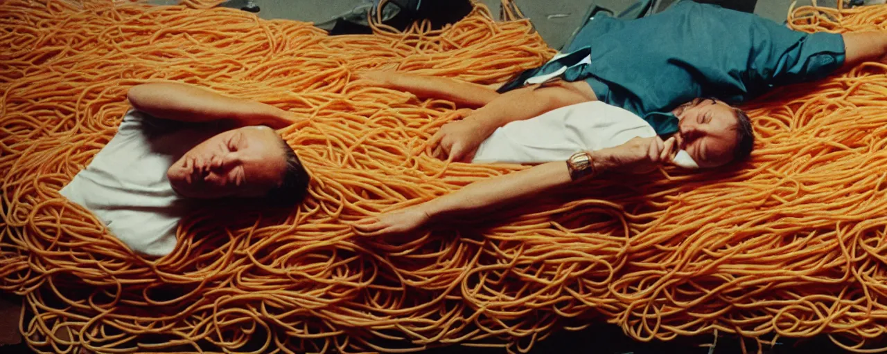 Image similar to security cam footage of someone sleeping on a bed of spaghetti at work, kodachrome, in the style of wes anderson, retro