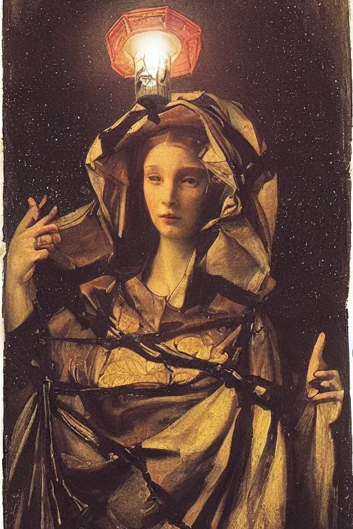 Image similar to queen of the darkness with her lantern and her stars, by Annie Swynnerton and Nicholas Roerich and Vermeer, strong dramatic cinematic lighting , ornate headdress , lost civilizations, smooth, sharp focus, extremely detailed